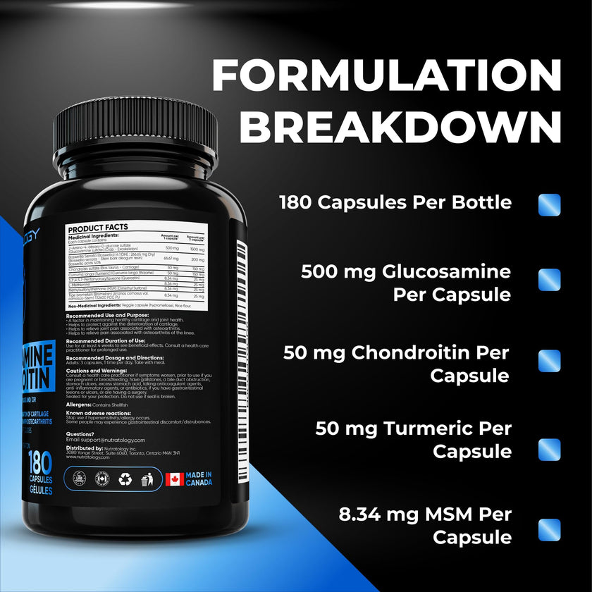 Nutratology® Glucosamine Joint Supplement with Chondroitin, MSM & Turmeric | Canadian-Made | Joint Pain Relief Supplements - 1500MG Glucosamine - Supports Healthy Joints & Cartilage - 180 Capsules 🍁 All In One Marketplace Canada