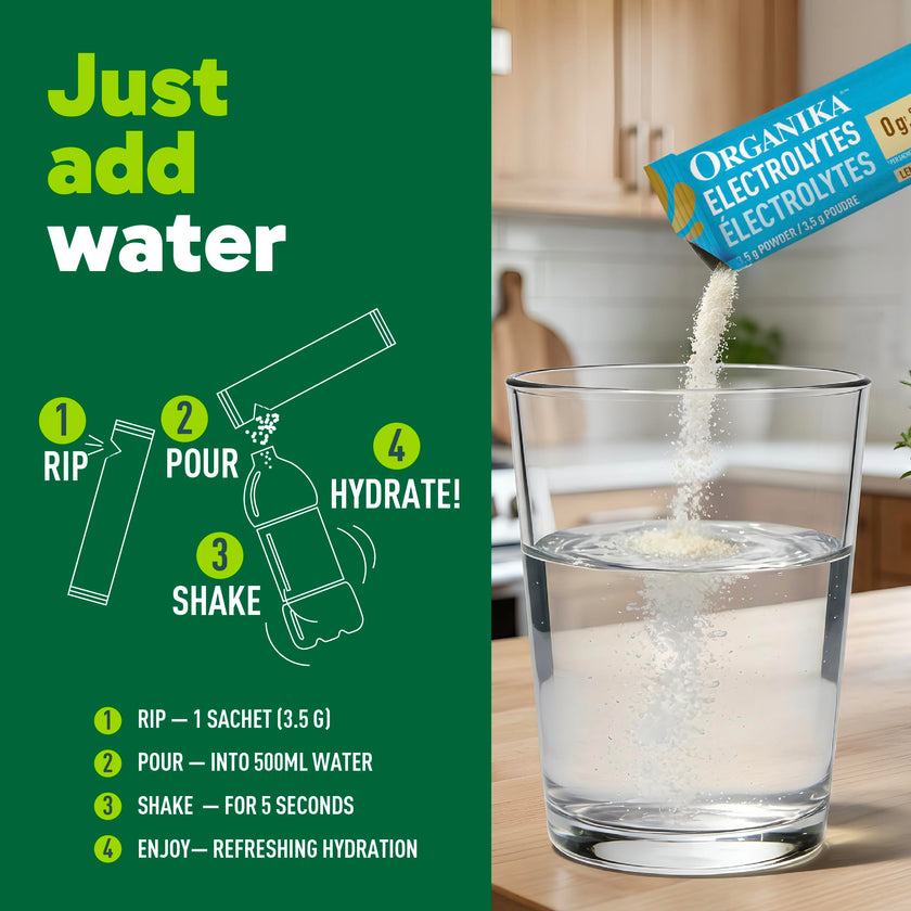Organika Canadian-Made Electrolytes Powder with Vitamin C & Prebiotic Fibre - Sugar-Free Hydration Drink Mix - Lemon Iced Tea - 20 Single-Serve Sachets x 3.5g 🍁 All In One Marketplace Canada