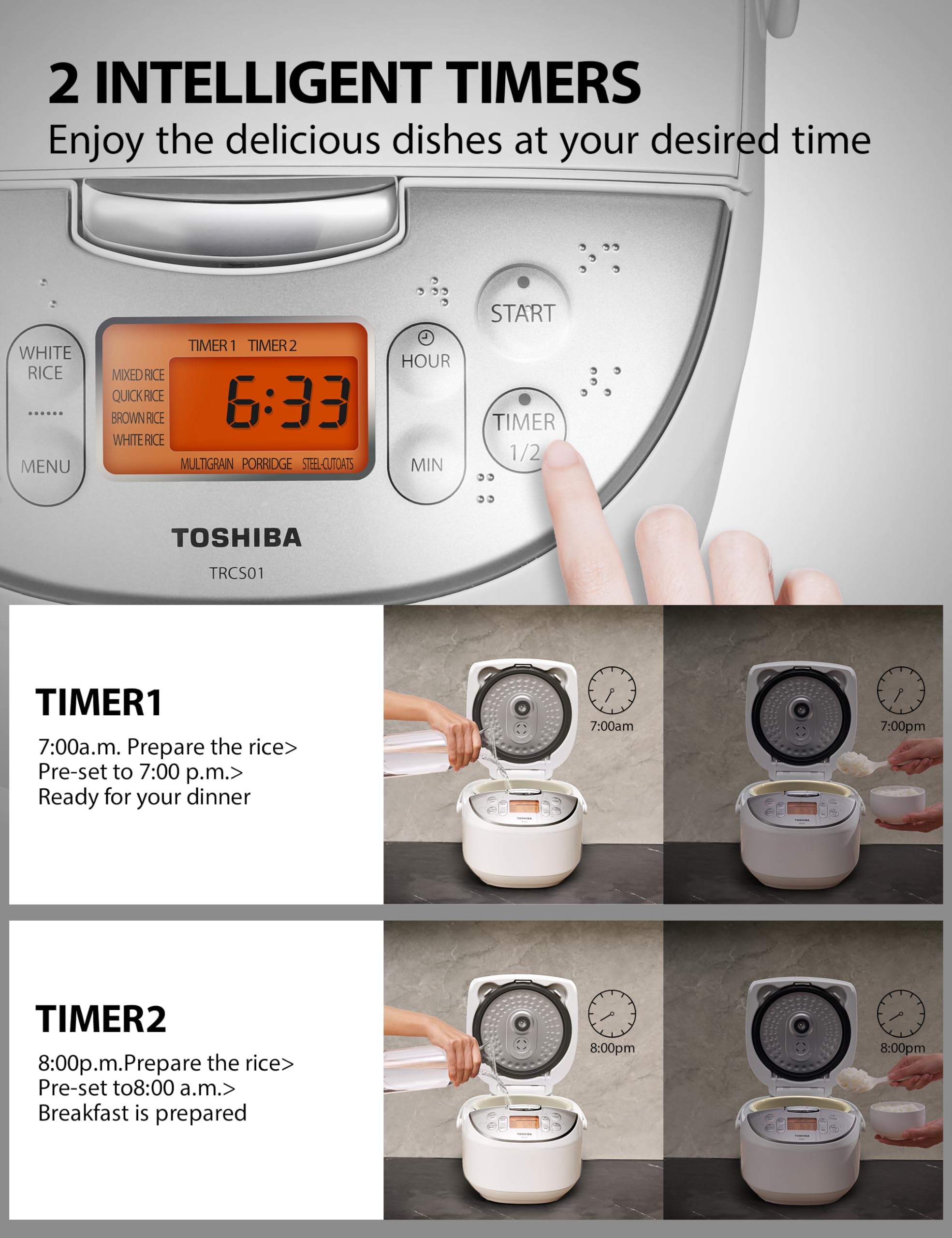Toshiba Rice Cooker 6 Cup Uncooked – Japanese Rice Cooker with Fuzzy Logic Technology, 7 Cooking Functions, Digital Display, 2 Delay Timers and Auto Keep Warm, Non-Stick Inner Pot, White 🍁 All In One Marketplace Canada