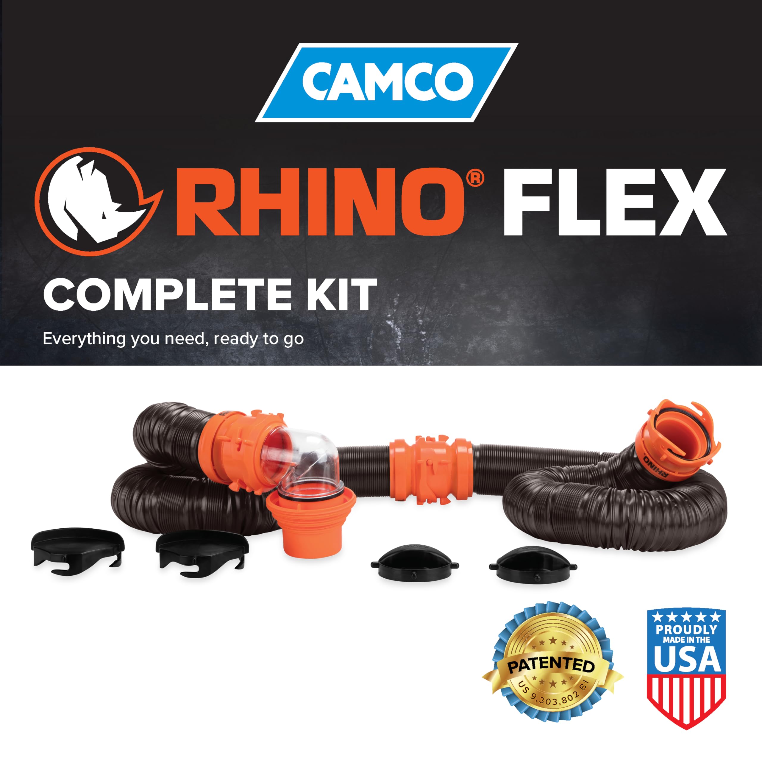 Camco RhinoFLEX 20-Ft Camper/RV Sewer Hose Kit - Features Clear Elbow Fitting w/Removable 4-in-1 Adapter - Connects to 3” Slip or 3”/3.5”/4” NPT Threaded Sewer Connection (39742) 🍁 All In One Marketplace Canada