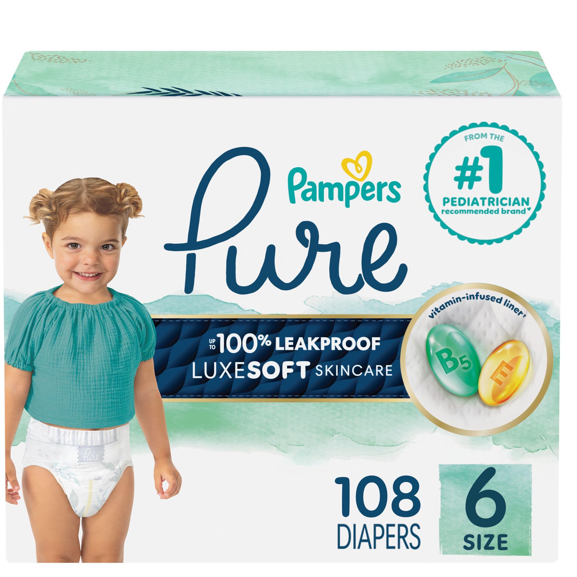 Pampers Pure Baby Diapers, Size 6 (35+ lbs), 108, Up to 100% Leakproof, Premium Hypoallergenic Soft Diapers 🍁 All In One Marketplace Canada