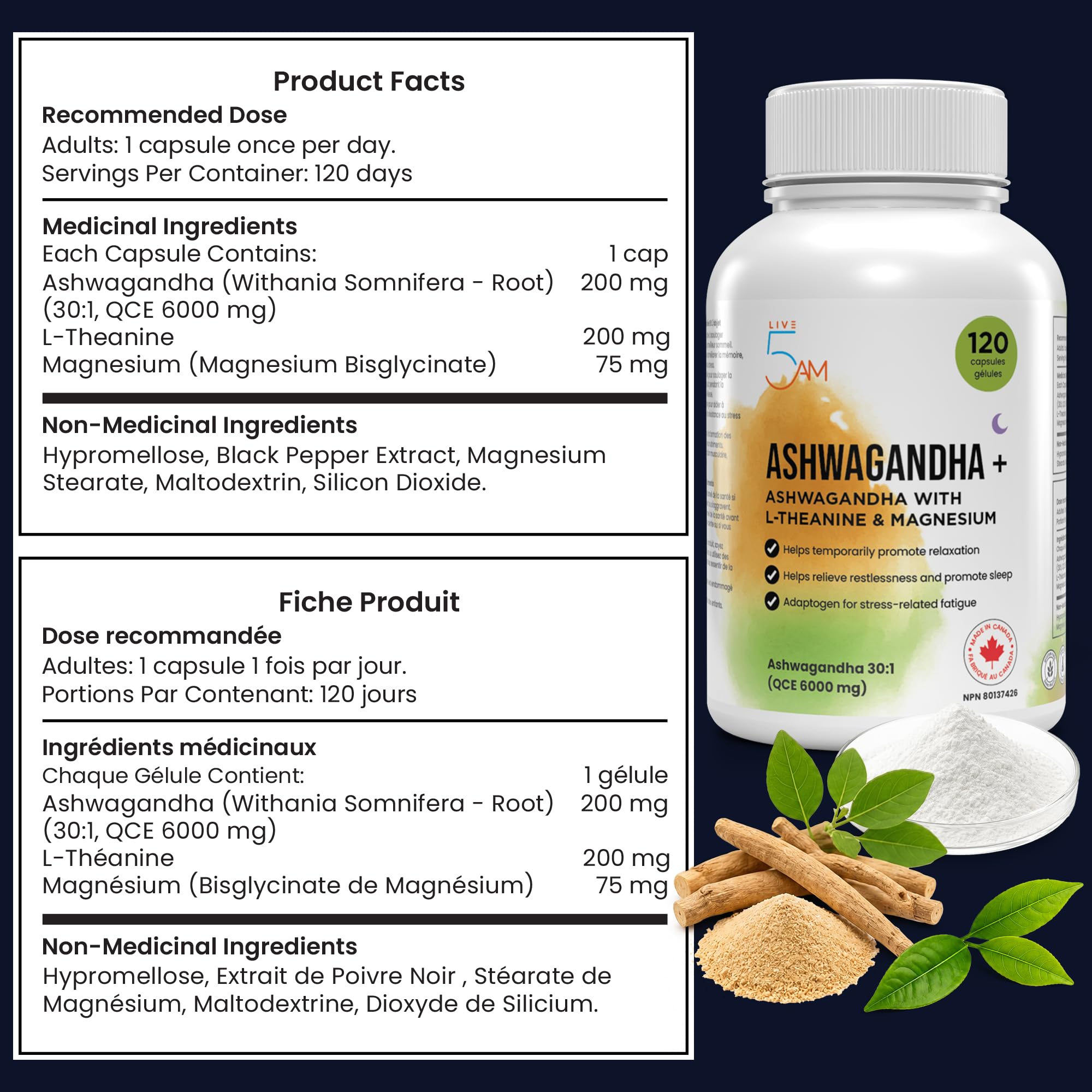 Live 5AM Ashwagandha 6000mg with L-Theanine 200mg, Magnesium Bisglycinate 75mg & Black Pepper Extract - Relaxation, Stress & Restlessness Support - 4 Month Supply, 120 Capsules - Made in Canada 🍁 All In One Marketplace Canada