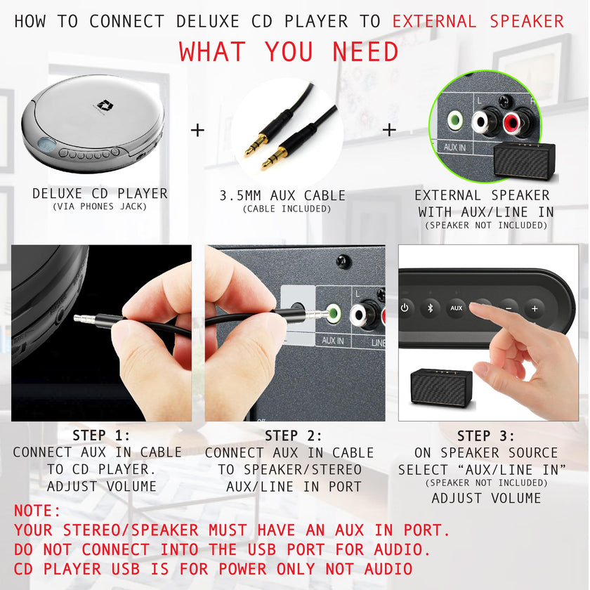 Deluxe Products CD Player Portable with 60 Second Anti Skip, Stereo Earbuds, Includes Aux in Cable and AC USB Power Cable for use at Home or in Car. Silver 🍁 All In One Marketplace Canada