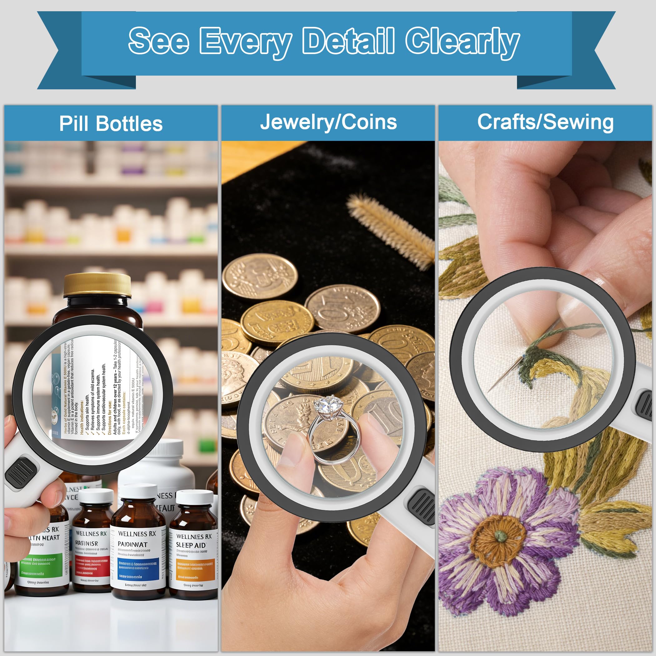 Ultra-Clear Magnifying Glass with Light, Lightweight Handheld Reading Magnifier with 12 LED, Optical Glass Lens for Seniors, Macular Degeneration, Close Work, Coins & Pill Bottle 🍁 All In One Marketplace Canada