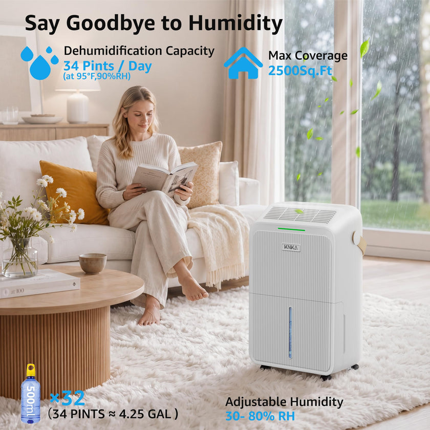 Dehumidifier for Basement with Drain Hose Max 34 Pints, KNKA 2500 Sq.Ft Dehumidifiers for Home, Large Room, Bathroom, Three Operation Modes, Intelligent Humidity Control, Dry Clothes, 24HR Timer 🍁 All In One Marketplace Canada