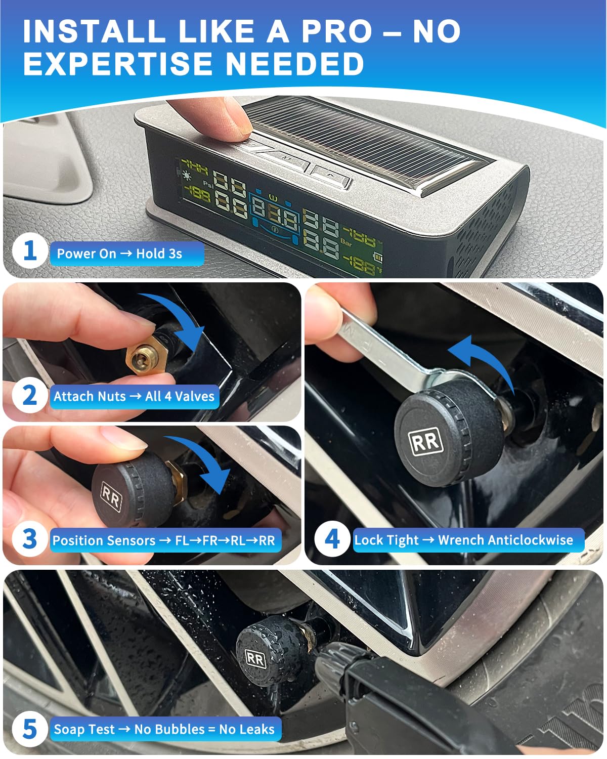 Flydew RV Tire Pressure Monitoring System (TPMS) - TPMS sensors Set of 4 | Solar/USB Charger | LCD Display | for RV/Truck/SUV/MPV/Sedan | TPMS Kit 🍁 All In One Marketplace Canada