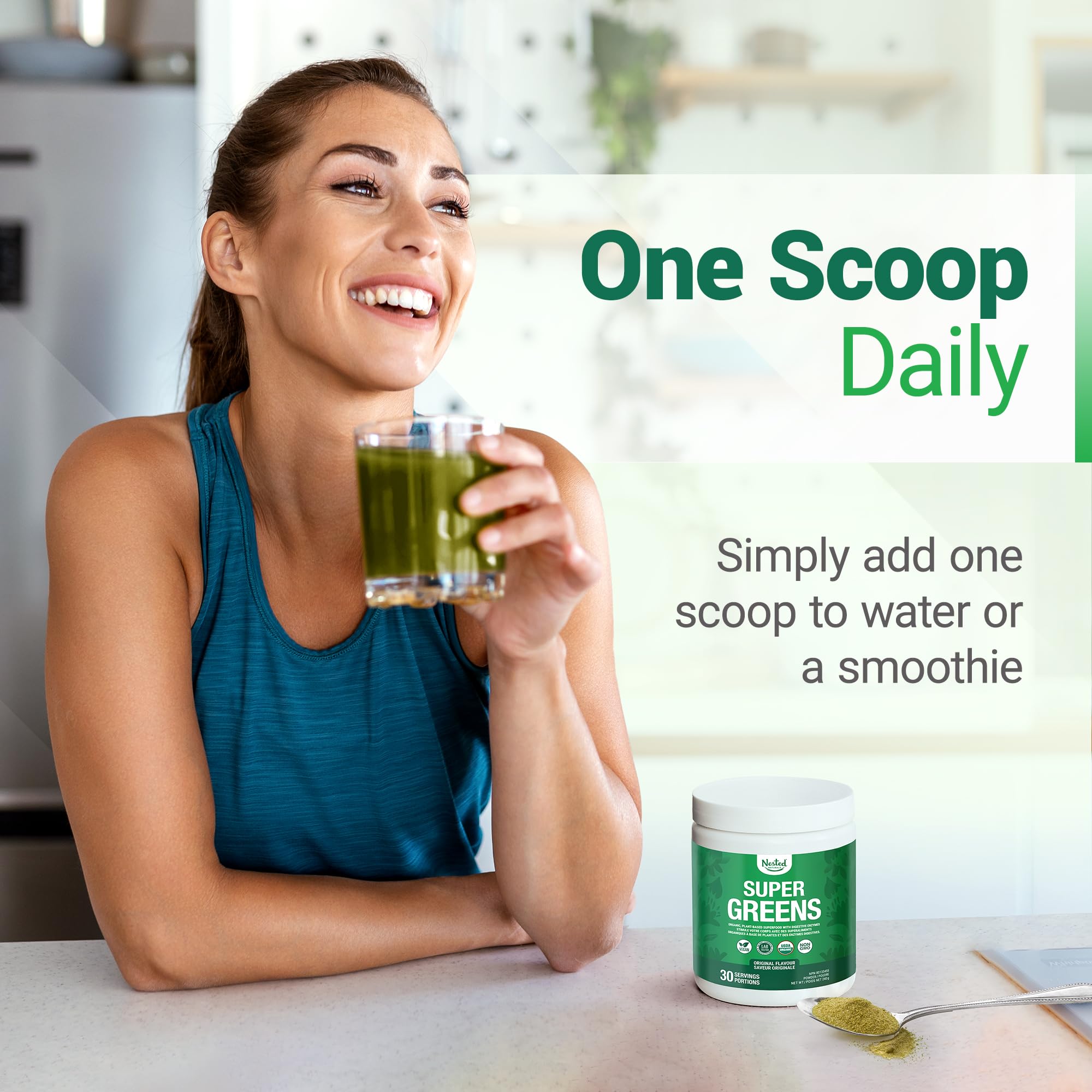 Nested Naturals Super Greens Powder - Organic Daily Greens Superfood Powder w/ 20+ Whole Foods, Spirulina, Wheat Grass & Barley Grass - Probiotics, Fiber & Enzymes - USDA Certified Organic, Original Flavour, 30 Servings 🍁 All In One Marketplace Canada