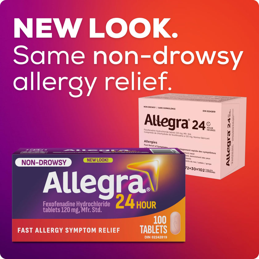 Allegra 24 Hour Allergy Medication, Non Drowsy, Fast and Effective Multi-Symptom Allergy Relief Medicine for Sneezing, Watery Eyes and Itchy Throat, Fexofenadine Hydrochloride 120 mg, 100 Tablets 🍁 All In One Marketplace Canada