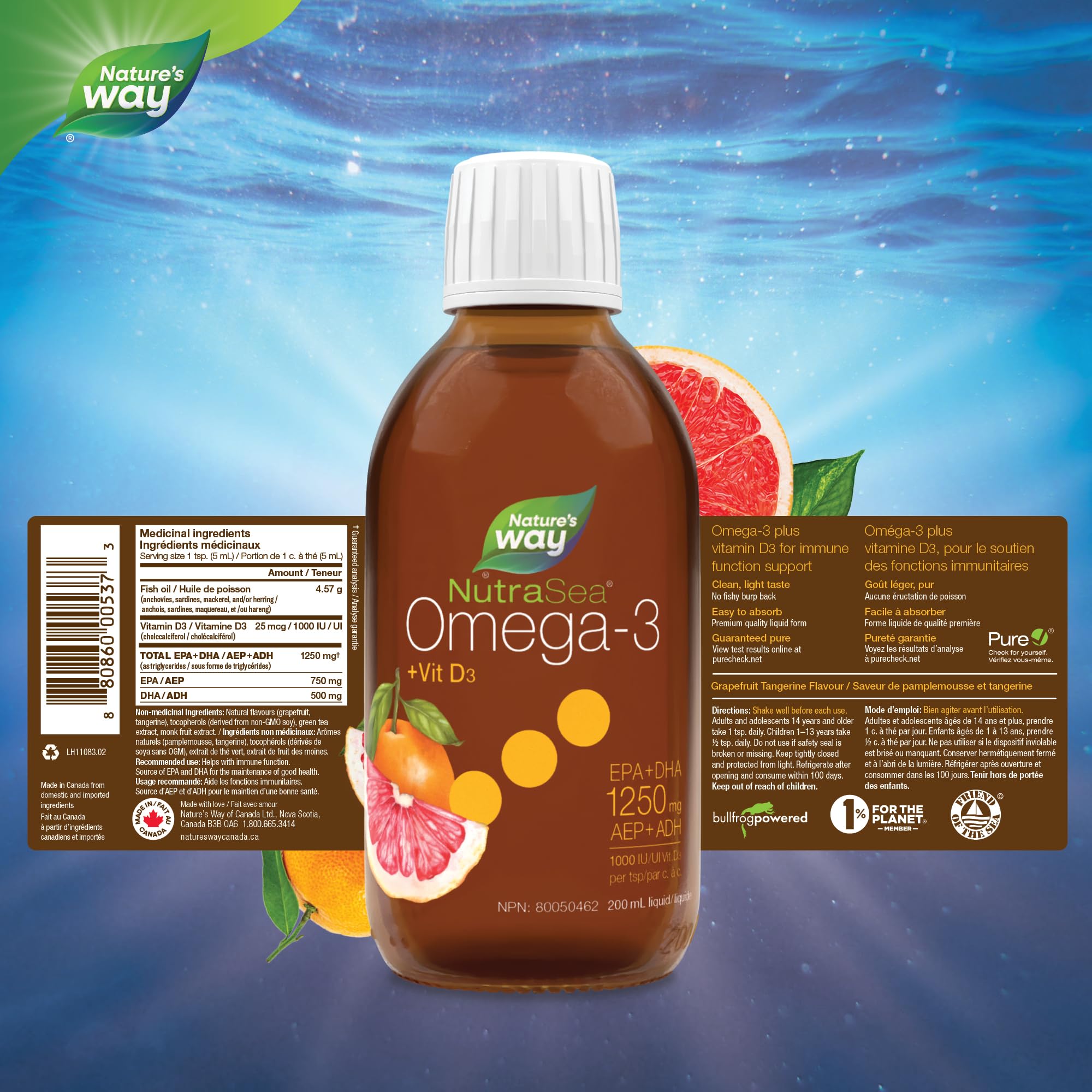Nature's Way NutraSea Omega 3 + Vitamin D Fish Oil Liquid Supplement – Grapefruit Tangerine Flavour – 1250mg EPA & DHA + 1000IU D3, 200 mL 🍁 All In One Marketplace Canada