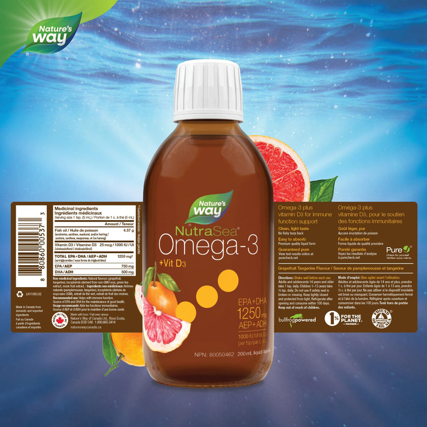 Nature's Way NutraSea Omega 3 + Vitamin D Fish Oil Liquid Supplement – Grapefruit Tangerine Flavour – 1250mg EPA & DHA + 1000IU D3, 200 mL 🍁 All In One Marketplace Canada