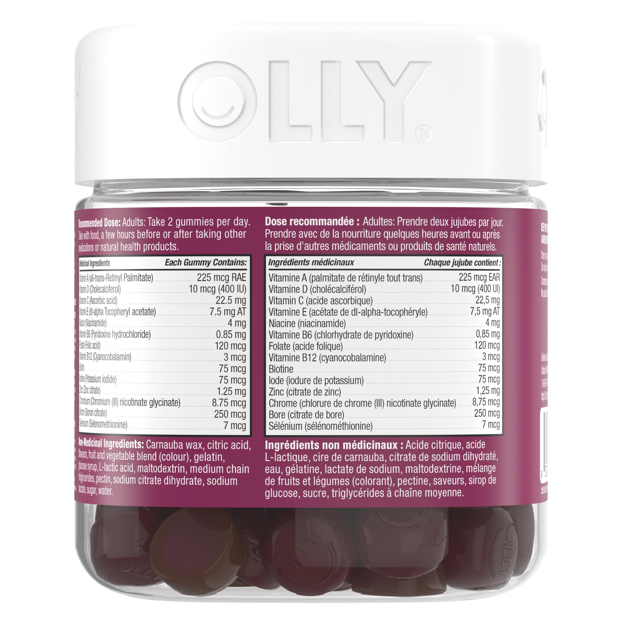 OLLY Women's Multi Gummy Supplement with no artificial flavours and colours Blissful Berry multivitamin to help support women's health 45 day supply, 90 gummies 🍁 All In One Marketplace Canada