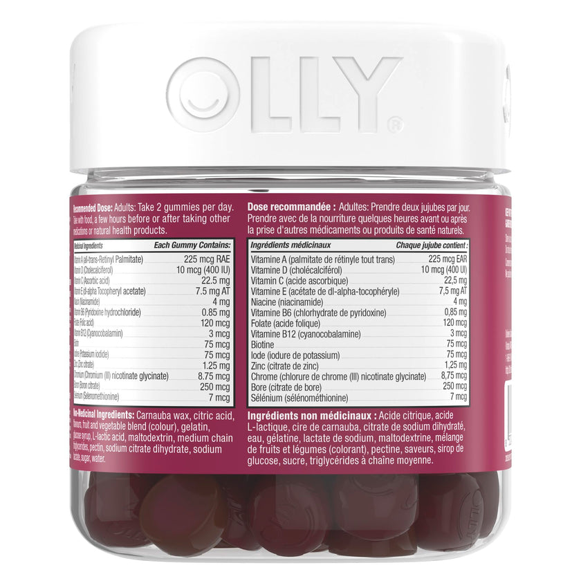 OLLY Women's Multi Gummy Supplement with no artificial flavours and colours Blissful Berry multivitamin to help support women's health 45 day supply, 90 gummies 🍁 All In One Marketplace Canada