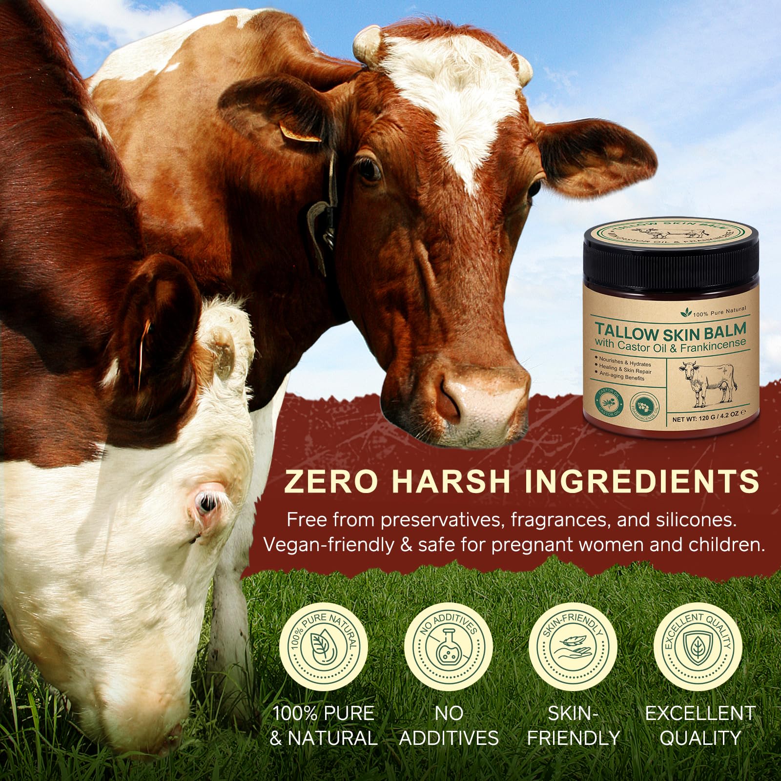 Beef Tallow Skin Care with Castor Oi & Frankincenses, Grass Fed Whipped Tallow Honey Balm for Face & Body, Natural Moisturizer Hydrates, Deeply Nourishes, Enhances Natural Radiance 120g 🍁 All In One Marketplace Canada