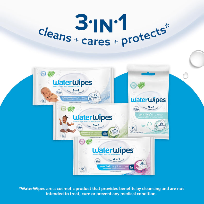 WaterWipes Sensitive+ Body & Intimate Wipes, 3-In-1 Cleans, Cares, Protects, 99.9% Water, Unscented & Hypoallergenic Hygiene Wet Wipes, Adult Care, 90 Wipes (3 Packs) 🍁 All In One Marketplace Canada