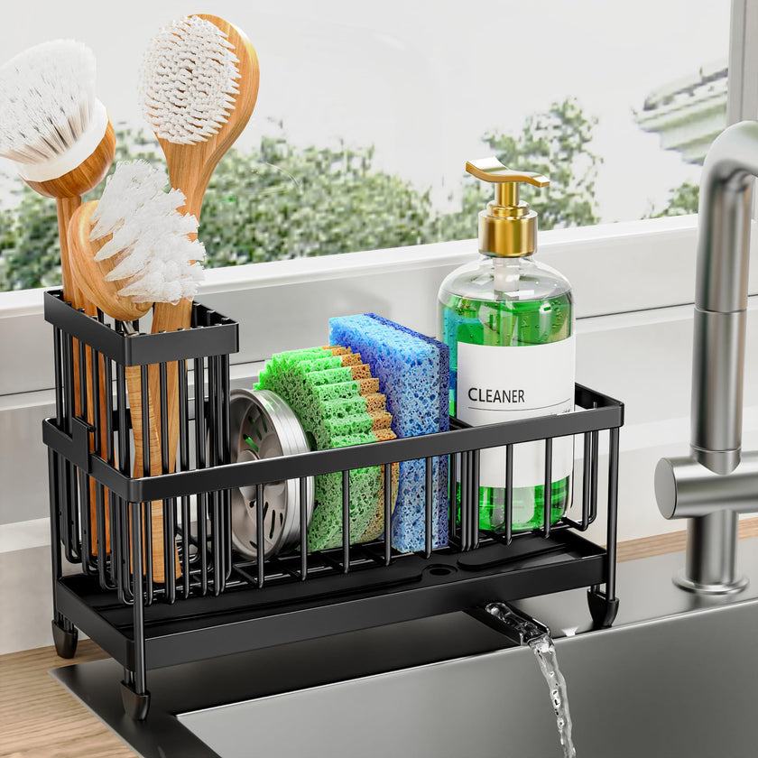 Cisily Sponge Holder for Kitchen Sink, Sink Caddy with High Brush Holder, Organzier Rustproof 304 Stainless Steel Dish Organizer Divider, Soap Dispenser Storage (Black) 🍁 All In One Marketplace Canada