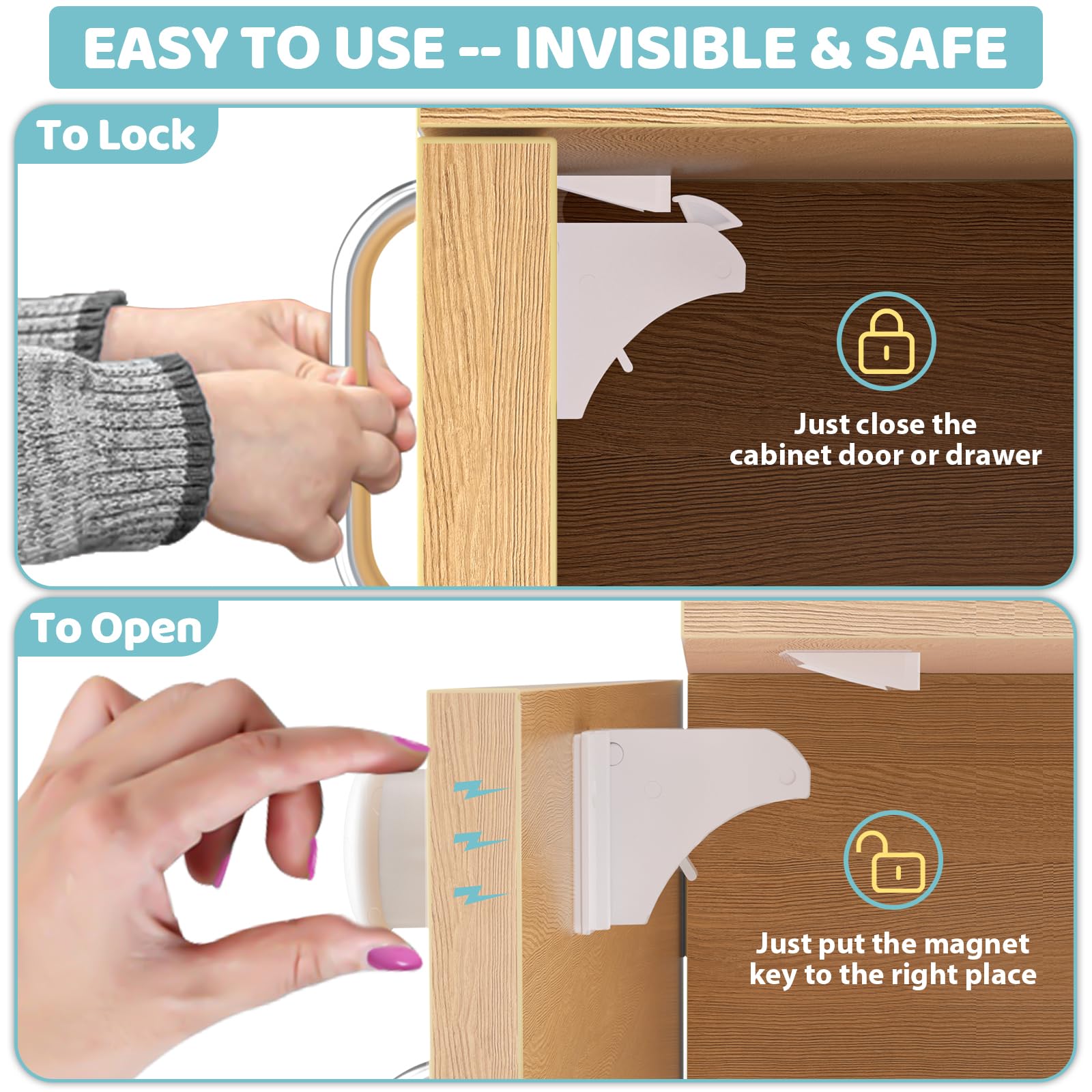 4our Kiddies 12 Pack Child Safety Magnetic Cabinet Locks with 2 Keys, No Drill Baby Proofing Drawer Locks for Baby Safety, Invisible Adhesive Magnetic Cupboard Locks for Kitchen Cabinet and Drawers 🍁 All In One Marketplace Canada