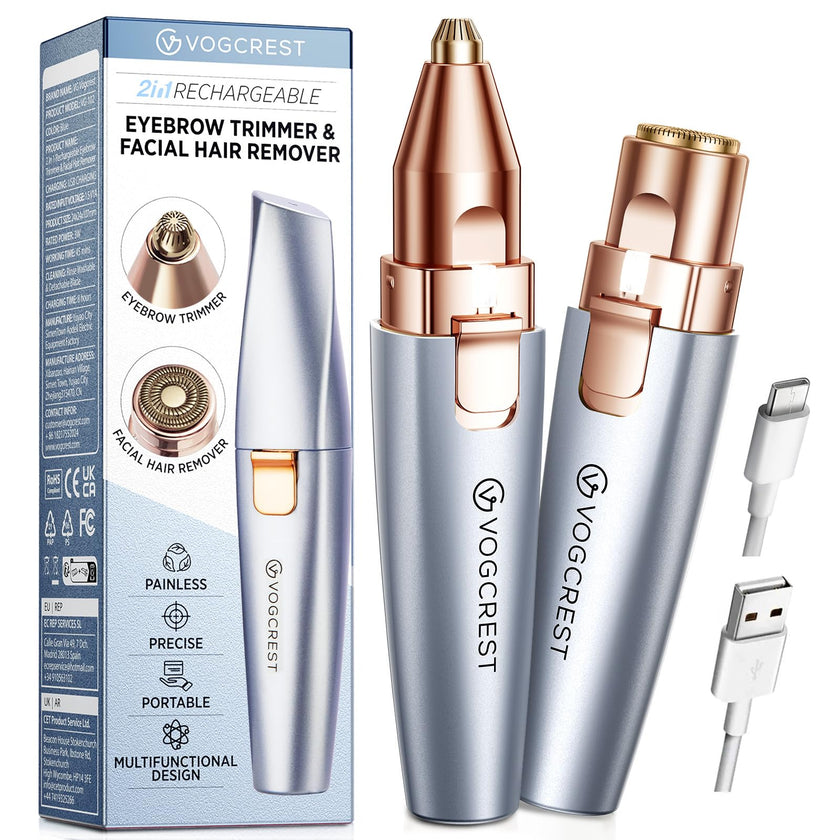 VG VOGCREST Eyebrow Facial Trimmer: 2 in1 Rechargeable Facial Hair Removal and Eyebrow Shaver - Face Lips Body Painless Facial Razor with Built-in LED Light (Sky Blue) 🍁 All In One Marketplace Canada