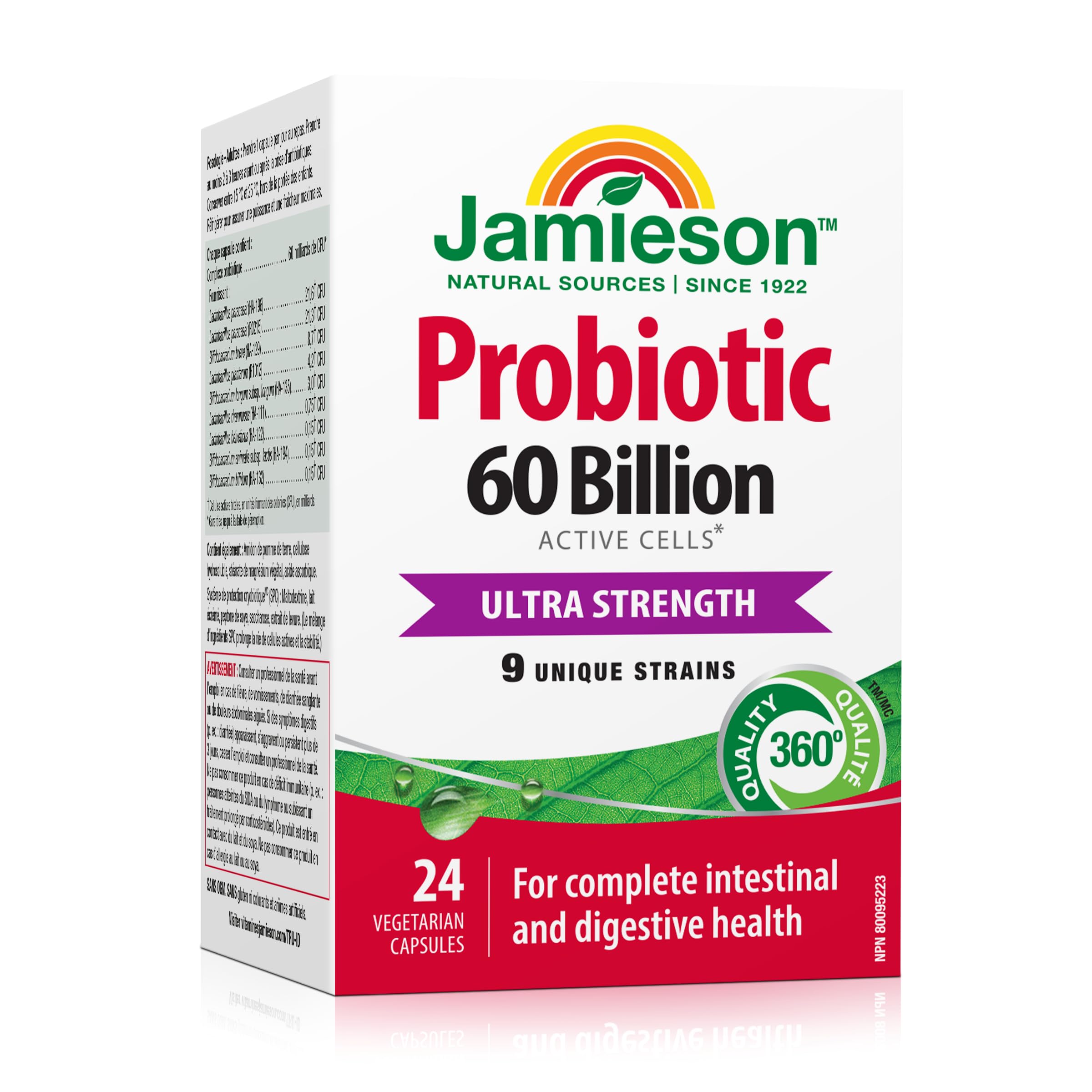 Jamieson Probiotic 60 Billion Active Cells, Ultra Strength, Supports Digestive Health and Intestinal Health. 9 Unique Strains, Including Lactobacillus and Bifidobacterium, Non-GMO, Gluten-Free, 24 Vegetarian capsules 🍁 All In One Marketplace Canada
