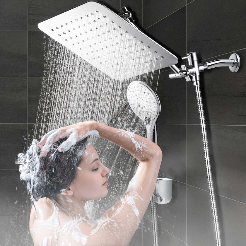 COSYLAND Rain Shower Head with Handheld - 304 Stainless Steel High Pressure 8 inch Square Rainfall Showerhead Combo with 3 Spray Mode 11 inch Extension Adjustable Arm & 60 inch Hose - Chrome 🍁 All In One Marketplace Canada