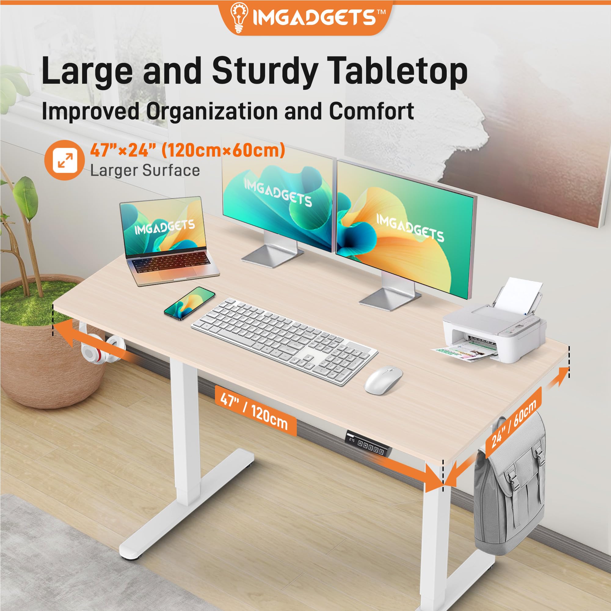 IMGadgets Electric Standing Desk, 47x24 Inches Height Adjustable, 2026 6th Gen Quiet Motor Ergonomic Sit Stand Desk, Computer Desk for Home Office, Height Memory Buttons, Display, 2 Headphone Holders 🍁 All In One Marketplace Canada