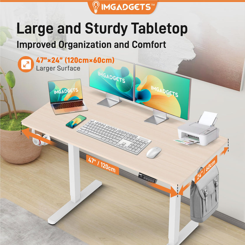 IMGadgets Electric Standing Desk, 47x24 Inches Height Adjustable, 2026 6th Gen Quiet Motor Ergonomic Sit Stand Desk, Computer Desk for Home Office, Height Memory Buttons, Display, 2 Headphone Holders 🍁 All In One Marketplace Canada