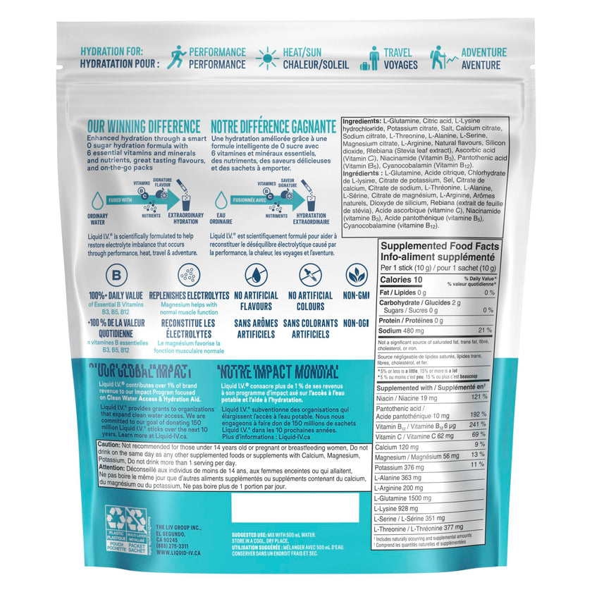 Liquid IV Sugar-Free Electrolyte Drink Mix for enhanced hydration, White Peach with Vitamins B3, B5, B12 and C 60g (18 sticks) 🍁 All In One Marketplace Canada