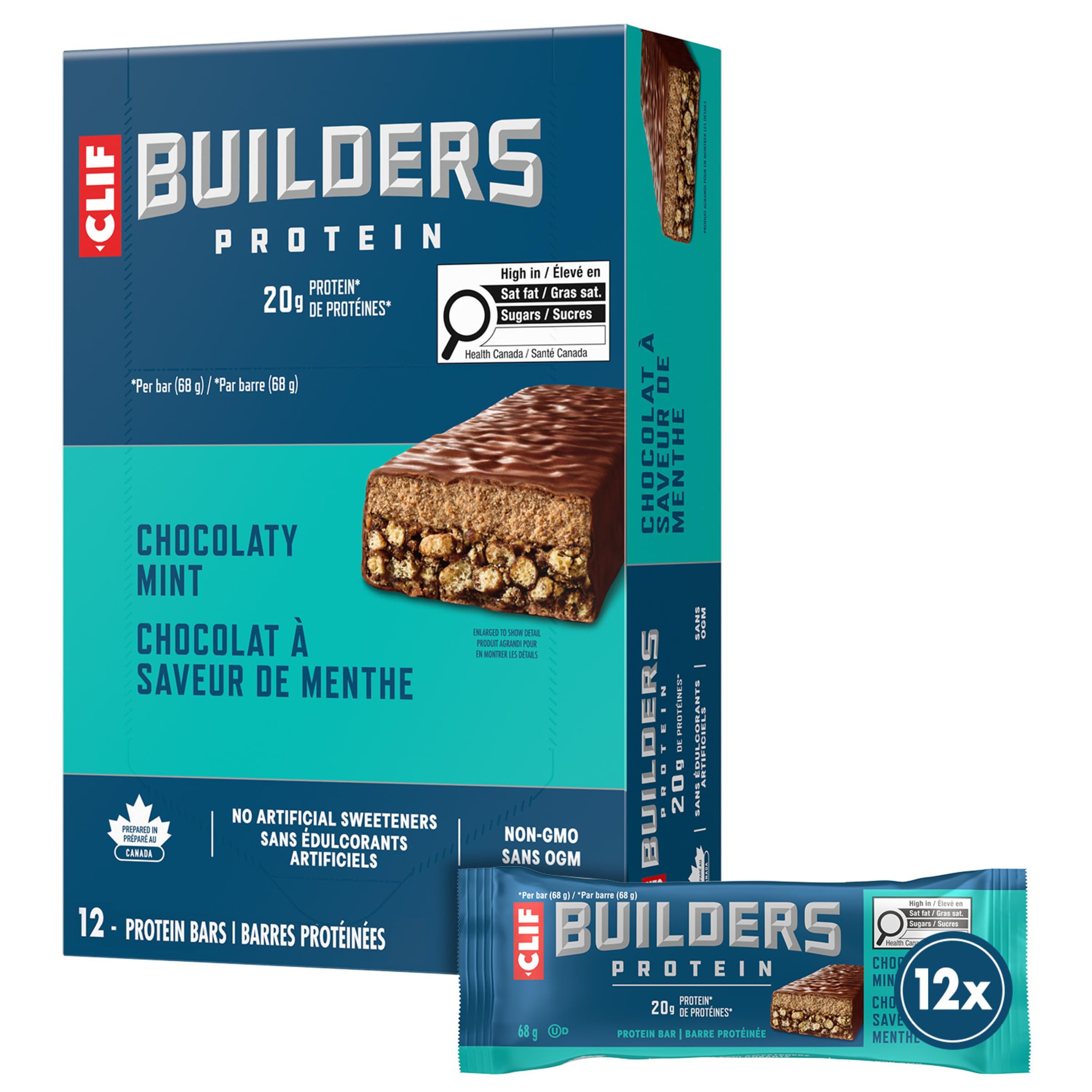 CLIF BUILDERS Protein Bars, Chocolate Mint Flavour, 20g of Protein, Prepared in Canada, Gluten Free, No Artificial Sweeteners, 68 g (Pack of 12), Prepared in Canada 🍁 All In One Marketplace Canada