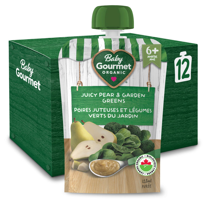 Baby Gourmet Juicy Pear & Garden Greens Purée, 12 × 128 mL Pouches | 6 Months+ | Organic Baby Food | No Added Sugar or Salt | Made in Canada 🍁 All In One Marketplace Canada