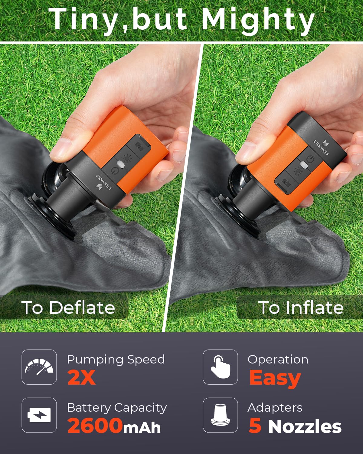 ETENWOLF AIR 3 Air Pump for Inflatables with 2600 mAh Battery & Camping Light, Ultra-Fast and Mini Electric Air Pump, Inflate Deflate for Air Mattress, Pool Floats, Vacuum Storage Bags, Vivid Orange 🍁 All In One Marketplace Canada
