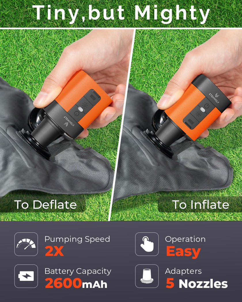 ETENWOLF AIR 3 Air Pump for Inflatables with 2600 mAh Battery & Camping Light, Ultra-Fast and Mini Electric Air Pump, Inflate Deflate for Air Mattress, Pool Floats, Vacuum Storage Bags, Vivid Orange 🍁 All In One Marketplace Canada