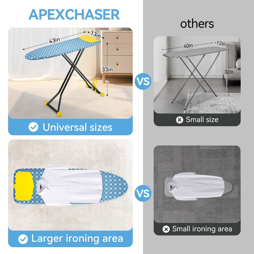 APEXCHASER Ironing Board with Iron Rest, Compact and Space Saver Iron Board, Extra Thick Cover, Height Adjustable, Wall Mount & Closet Hanger 13x43 Yellow 🍁 All In One Marketplace Canada