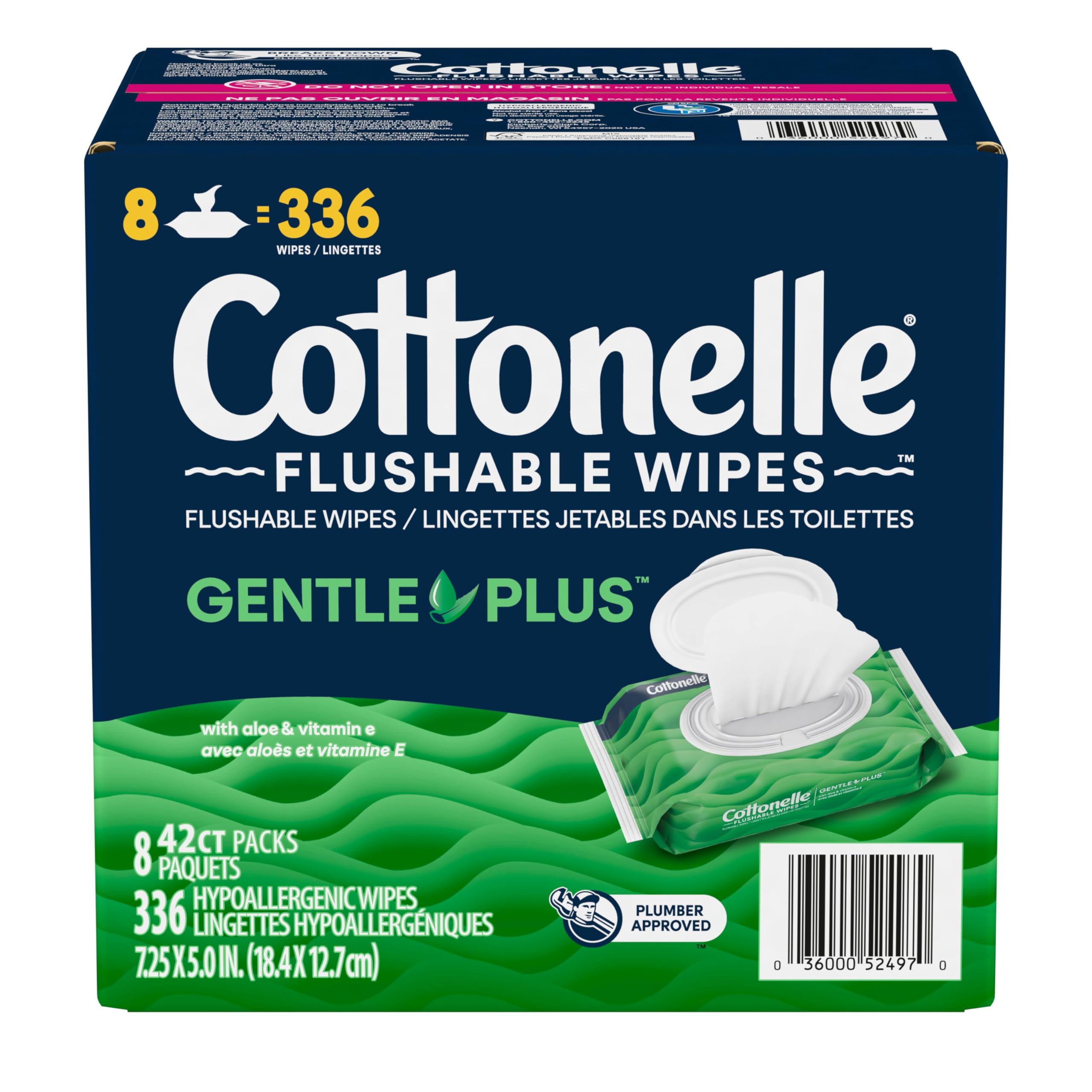 Cottonelle GentlePlus Flushable Wet Wipes with Aloe & Vitamin E, Adult Wet Wipes, 8 Flip-Top Packs, 42 Wipes per Pack (336 Total Flushable Wipes) 🍁 All In One Marketplace Canada