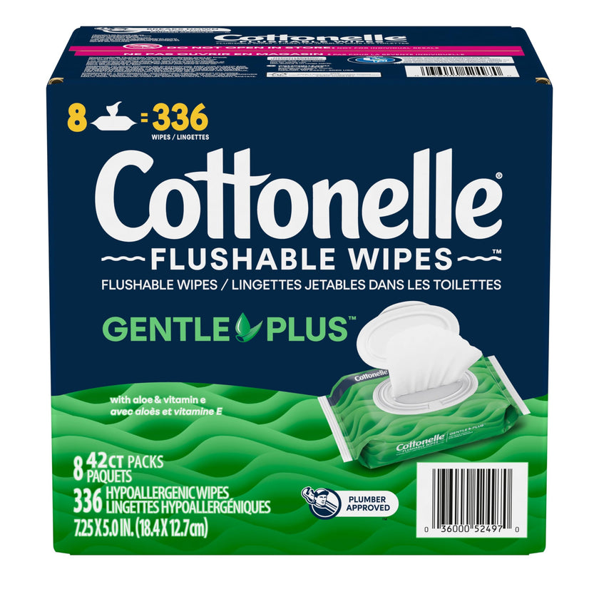 Cottonelle GentlePlus Flushable Wet Wipes with Aloe & Vitamin E, Adult Wet Wipes, 8 Flip-Top Packs, 42 Wipes per Pack (336 Total Flushable Wipes) 🍁 All In One Marketplace Canada