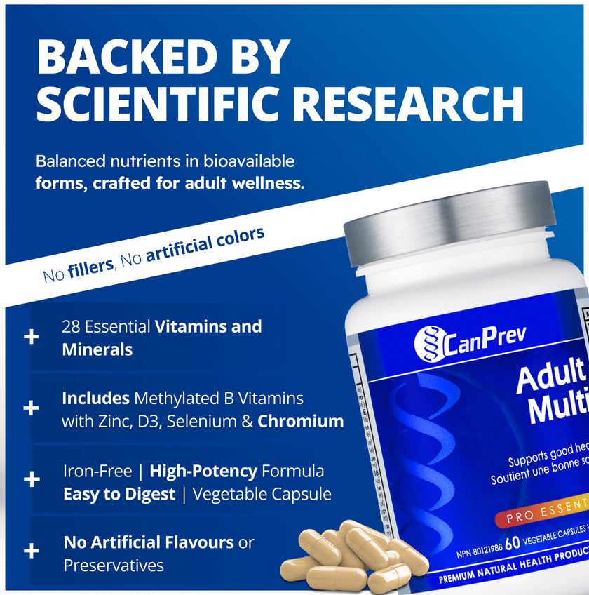 CanPrev Adult Multi, 60 V-Caps 30-Day Supply - Non-GMO and Gluten-Free - High-Potency Multivitamin and Multi-Mineral Formula - Iron-Free - Easy to Digest - Complete Daily Vitamins and Minerals 🍁 All In One Marketplace Canada