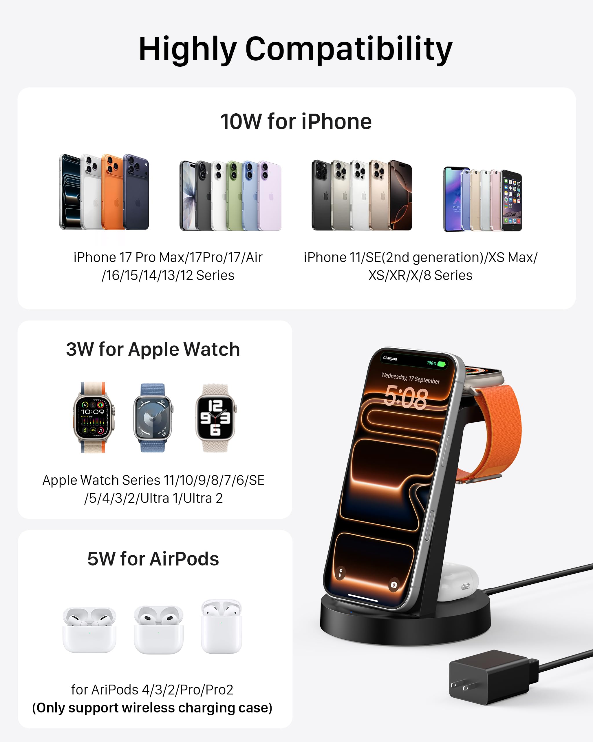 Anlmz 3 in 1 Charging Station for iPhone, Wireless Charger for iPhone 17 16e 16 15 14 13 12 11 X Pro Max & Apple Watch - Wireless Charging Station for AirPods 4 3 Pro 🍁 All In One Marketplace Canada