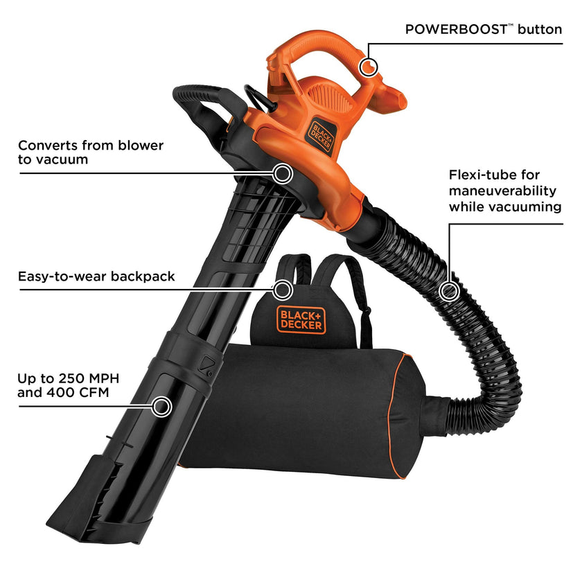BLACK+DECKER Leaf Blower Vacuum Back Pack and Mulcher, Power Boost up to 250 MPH, 400 CFM, Corded (BEBL7000-CA) 🍁 All In One Marketplace Canada