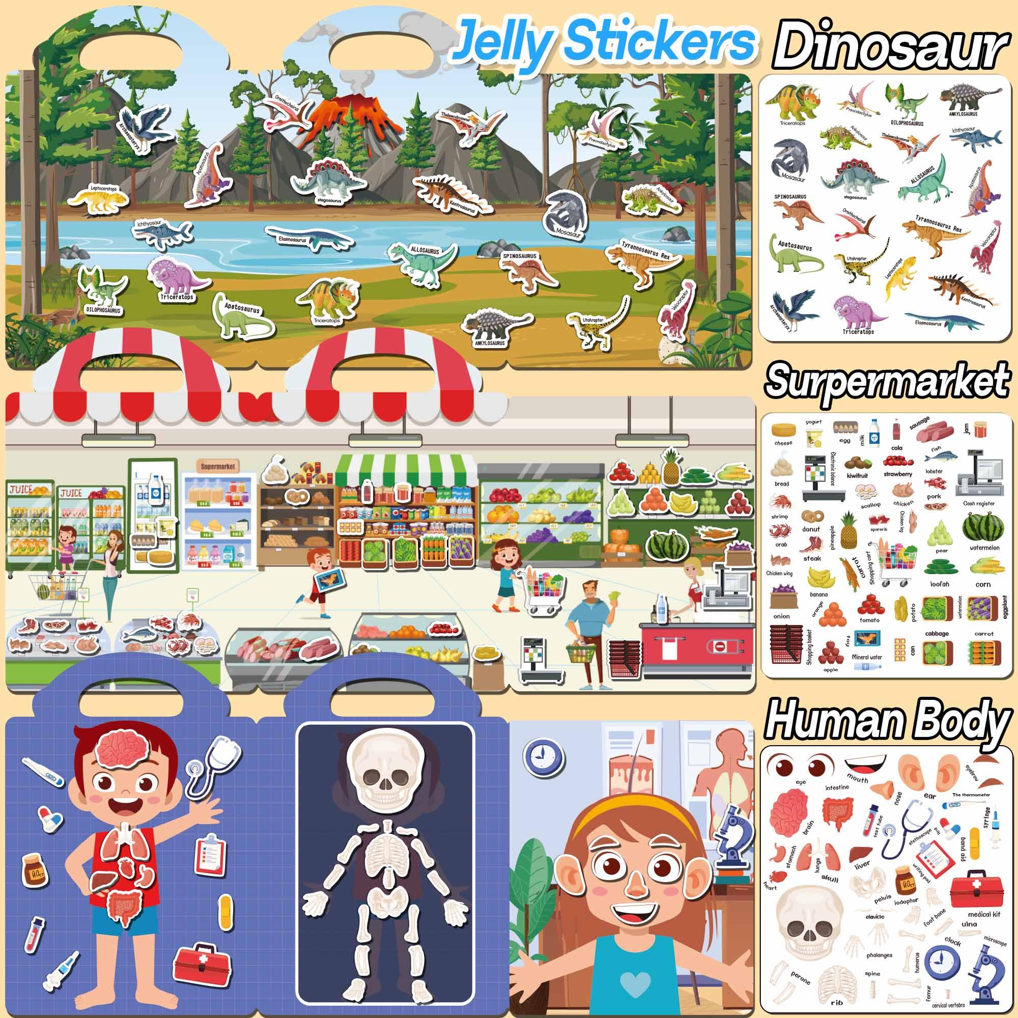iGetooy Reusable Sticker Book, 6 Sets Sticker Book for Kids, Jelly Stickers for Kids, Vehicles, Animals, Ocean, Dinosaurs, Supermarket, Human Body 🍁 All In One Marketplace Canada