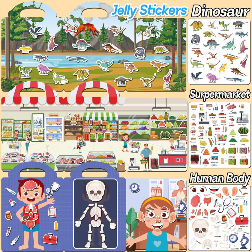 iGetooy Reusable Sticker Book, 6 Sets Sticker Book for Kids, Jelly Stickers for Kids, Vehicles, Animals, Ocean, Dinosaurs, Supermarket, Human Body 🍁 All In One Marketplace Canada