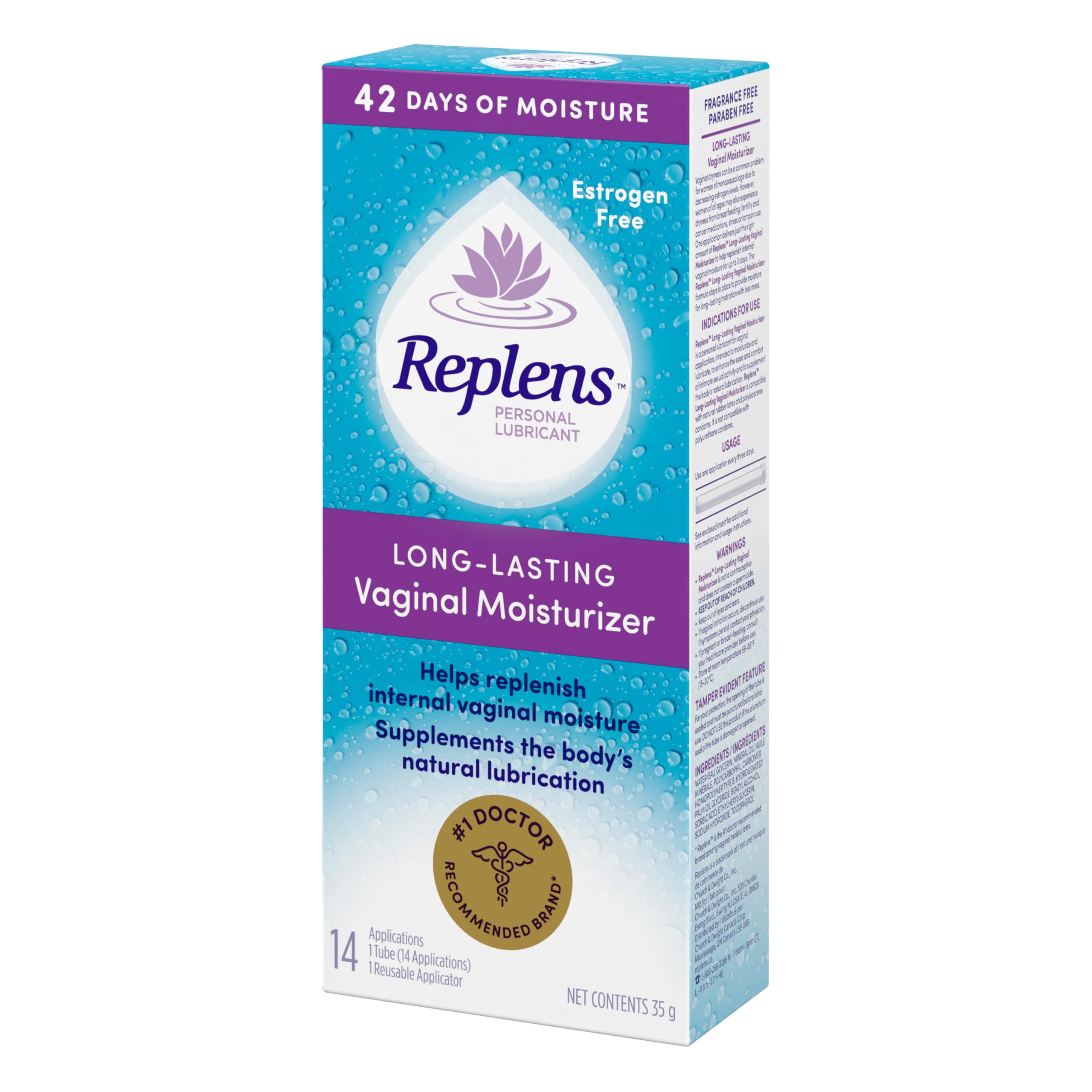 Replens Long-Lasting Vaginal Moisturizer and Lubricant, Replenish internal vaginal moisture, Immediate relief, Paraben free, Estrogen Free, Fragrance Free, 14 Applications, 35 g 🍁 All In One Marketplace Canada