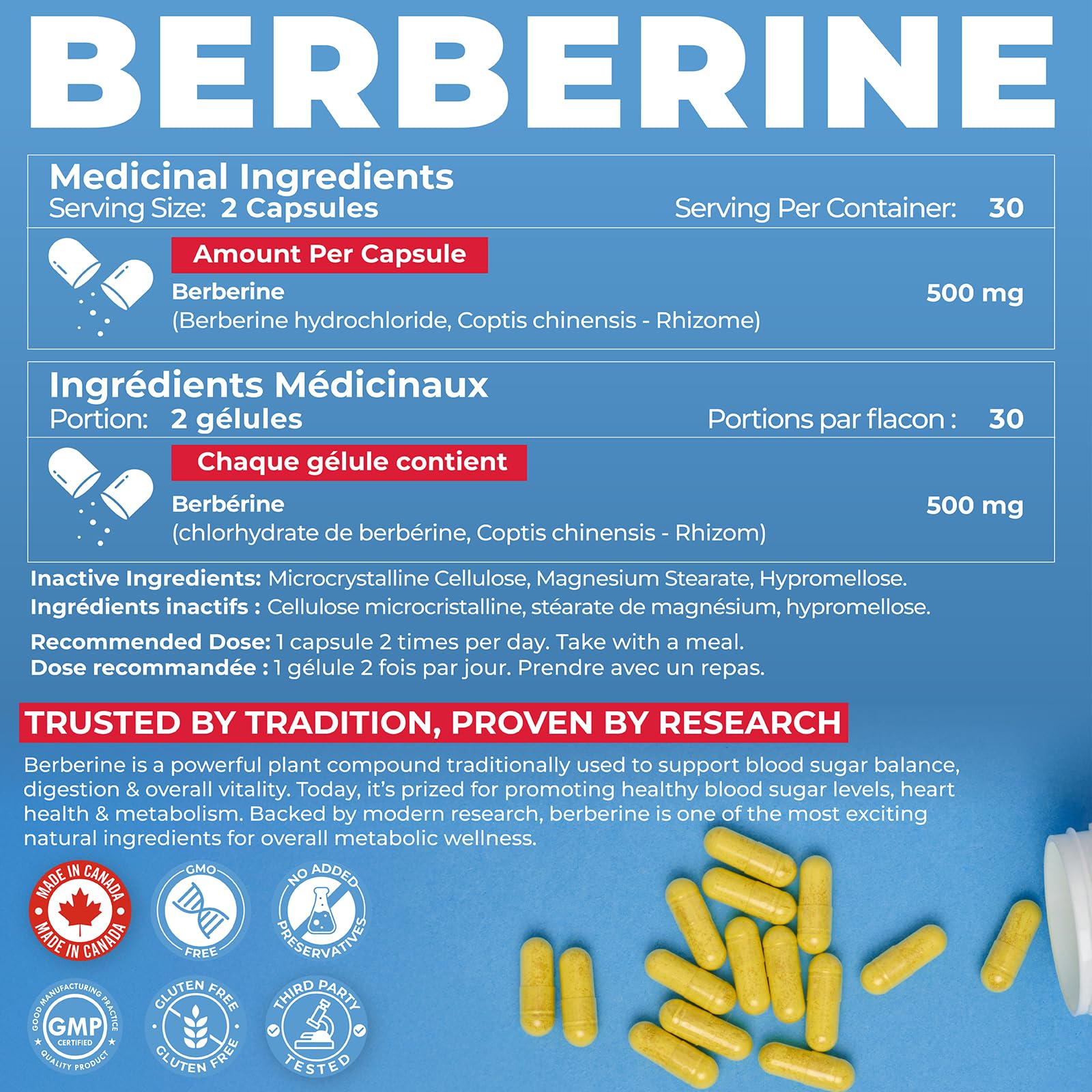 Berberine Supplement HCL 1000mg (2 x 500mg Vegan Capsules) | High Potency Berberine Supports Glucose, Fat Metabolism & Heart Health | Third Party Tested for Potency & Purity | Canadian Made, Quality Assured 🍁 All In One Marketplace Canada