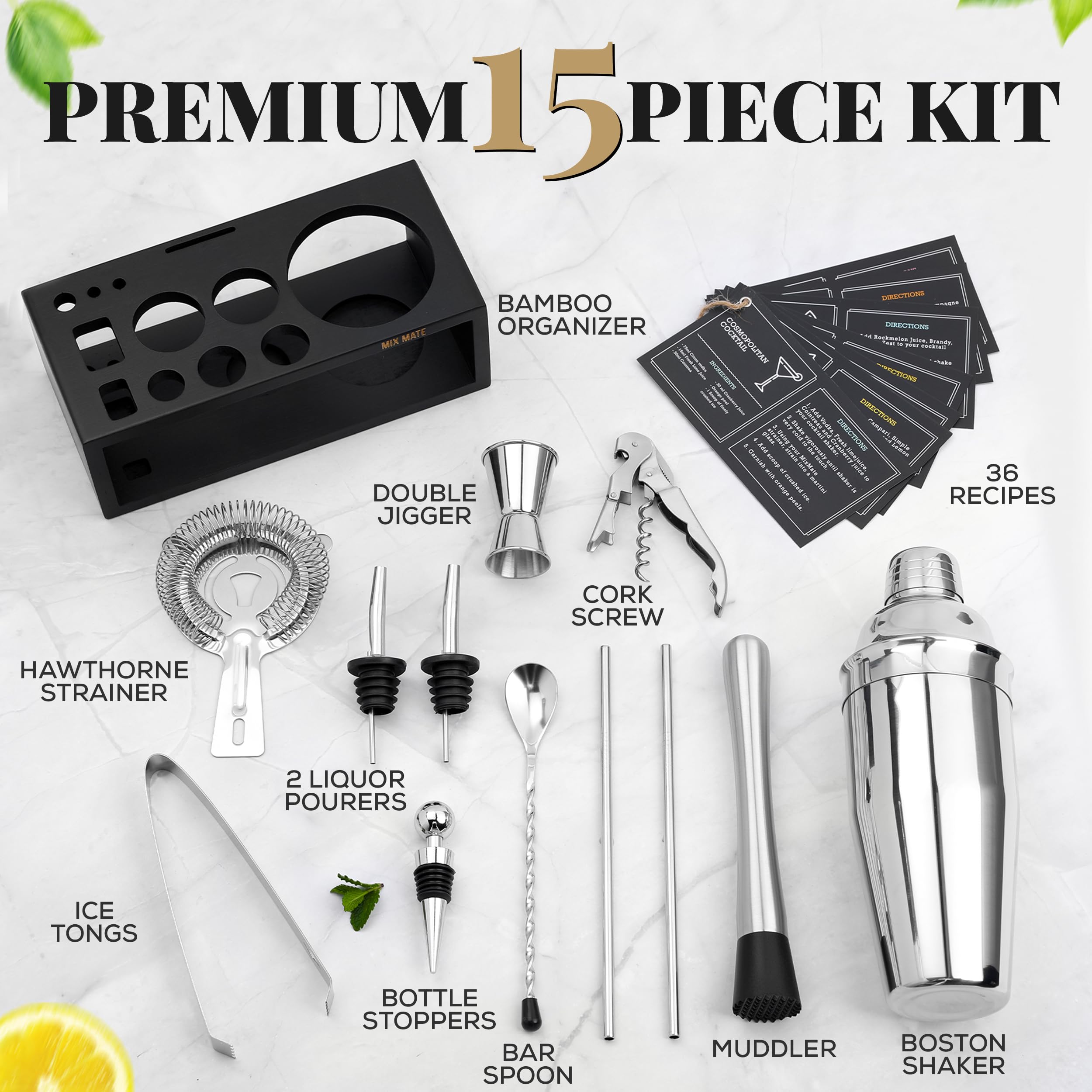 Mixology Bartender Kit with Stand | 15 Piece Bar Tool Set, Silver Bar Set Cocktail Shaker Set for Drink Mixing - Includes Martini Shaker, Jigger, Strainer, Bar Mixer Spoon, Tongs | Gift Idea (Silver) 🍁 All In One Marketplace Canada