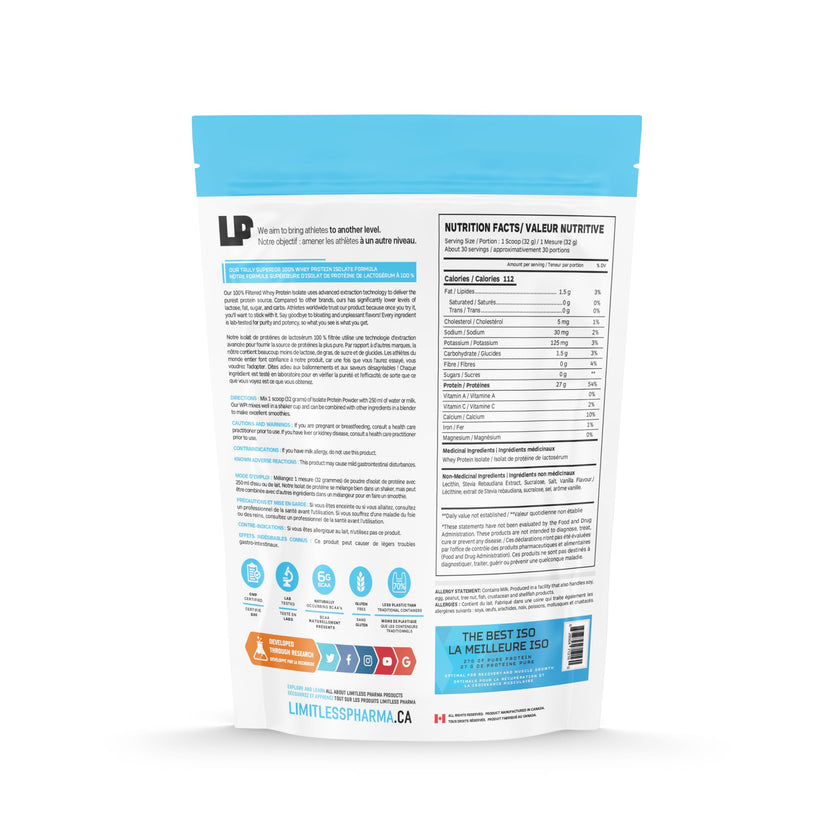 Limitless Pharma Pure Whey Isolate | High Protein Whey Isolate Powder | 27g Protein, 6g BCAAs, Sugar Free, Gluten Free, Low Carb, Low Lactose | 30 Servings, 2LB (Vanilla) 🍁 All In One Marketplace Canada