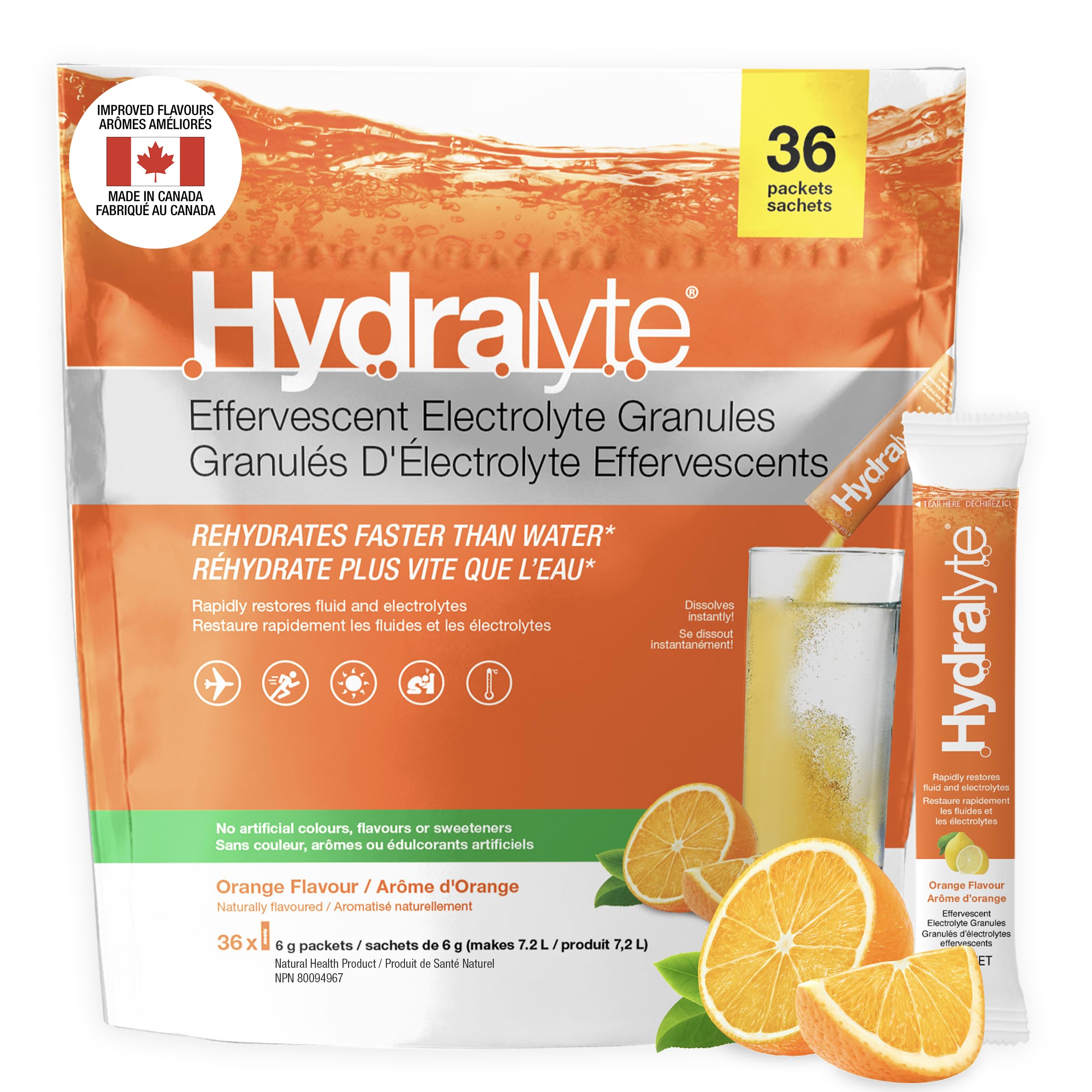 HydraLyte Electrolyte Powder, Low Sugar Electrolyte Packets Designed for Rapid Hydration, Safe Hydration for All Ages - Made with All Natural Ingredients, 36 Servings, Orange Flavour 🍁 All In One Marketplace Canada