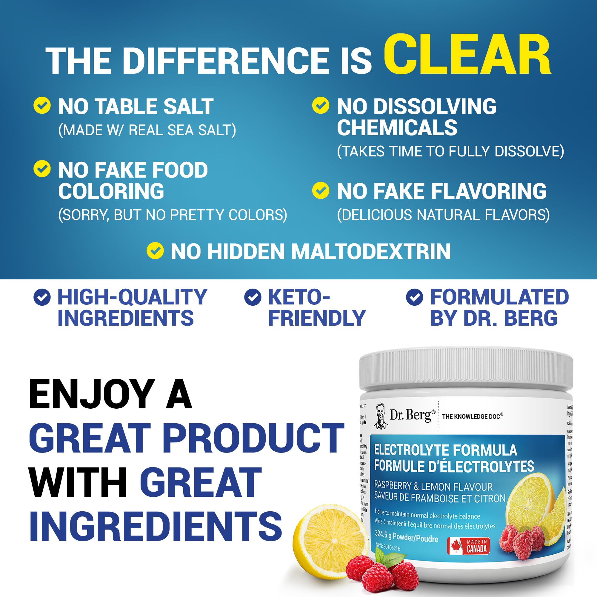 Dr. Berg Electrolytes Powder No Sugar - Enhanced w/ 1000 mg of Potassium & Real Sea Salt - Zero Sugar Electrolyte Powder - Raspberry & Lemon Flavor Hydration Powder Electrolytes - 50 Servings 🍁 All In One Marketplace Canada