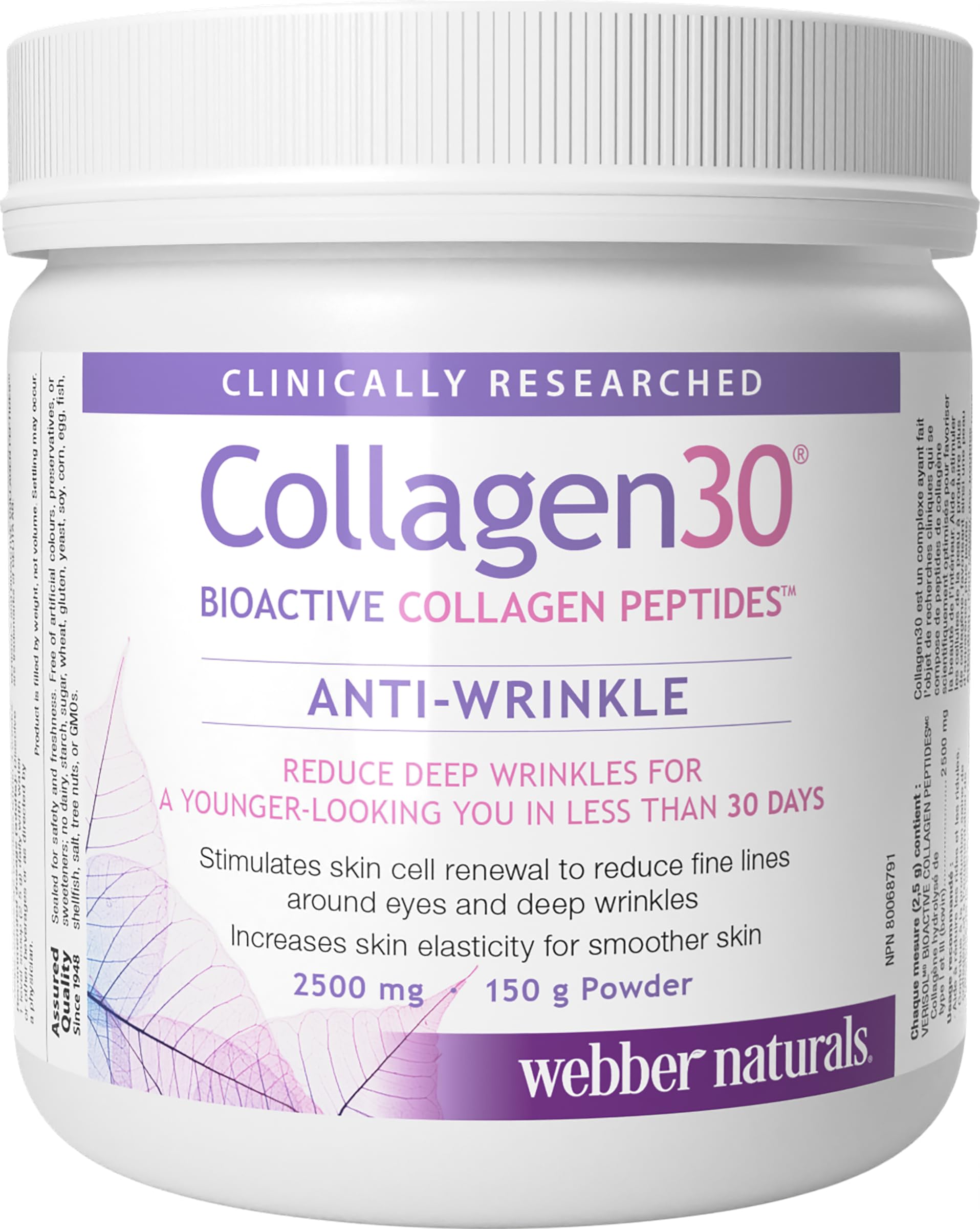 Webber Naturals Collagen30 Anti-Wrinkle Powder, 2500 mg of Bioactive Collagen Peptides Per Serving, 150 Grams, Helps Reduce Deep Wrinkles, Fine Lines & Stimulates Skin Cells 🍁 All In One Marketplace Canada