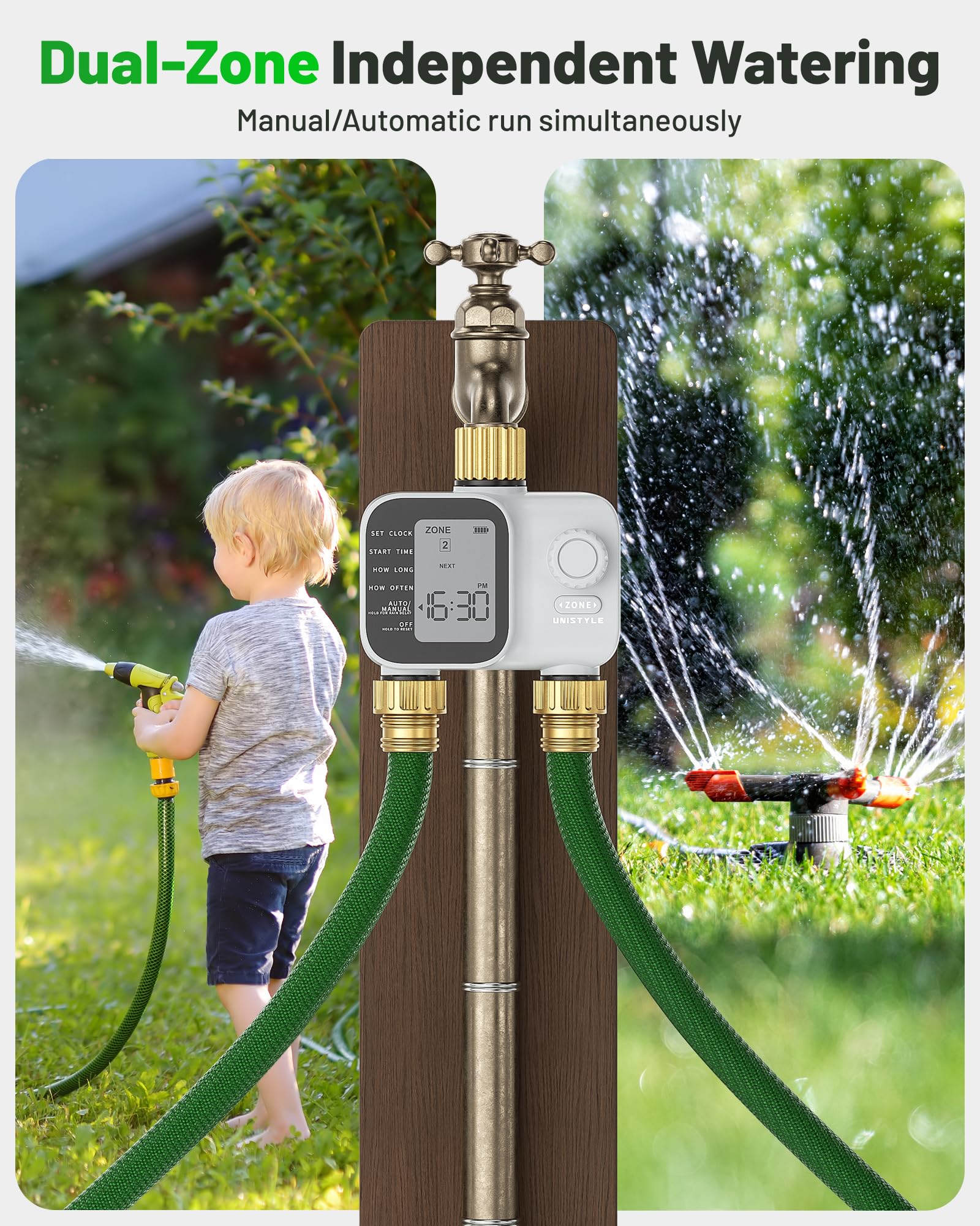 2027 New Upgrade Sprinkler Timer 2 Zone with Brass Inlet, Unistyle Water Timer for Garden Hose with Rain Delay and Manual Water/Automatic Irrigation, Hose Timers for Yard and Lawn Patio 🍁 All In One Marketplace Canada