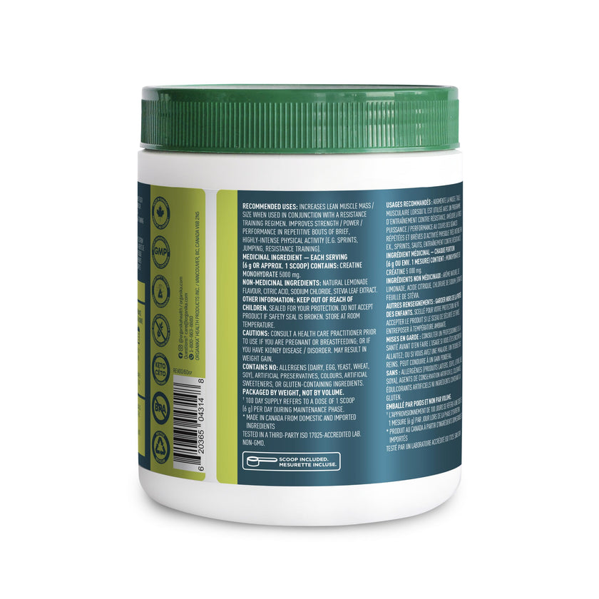 Organika Canadian-Made Creatine Powder- Lemonade- Pure Micronized Creatine Monohydrate - Helps Build Lean Muscle, Increase Strength, and Improved Recovery and Performance for Men and Women - 600g 🍁 All In One Marketplace Canada
