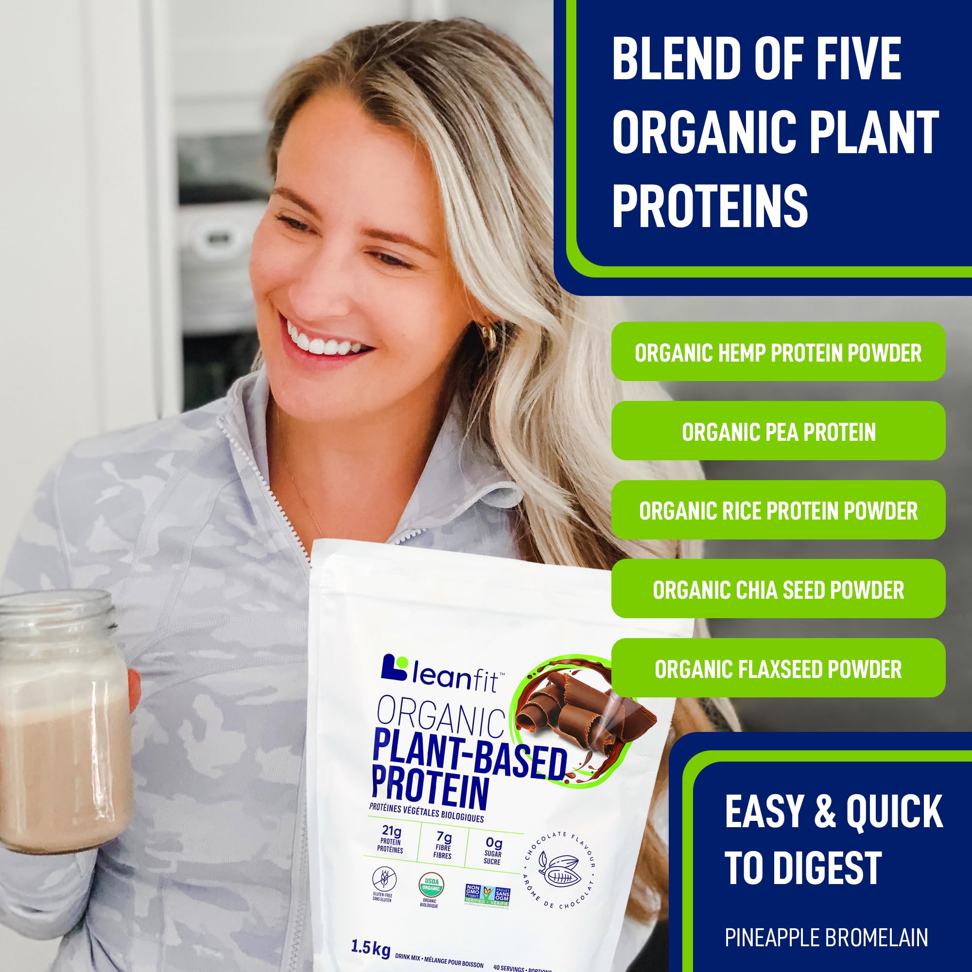 LEANFIT ORGANIC PLANT-BASED PROTEIN, Natural Chocolate - Vegan, Soy Free, Gluten Free, Dairy Free, Sugar Free - 21g Protein, 40 Servings, 1.5kg Bag 🍁 All In One Marketplace Canada
