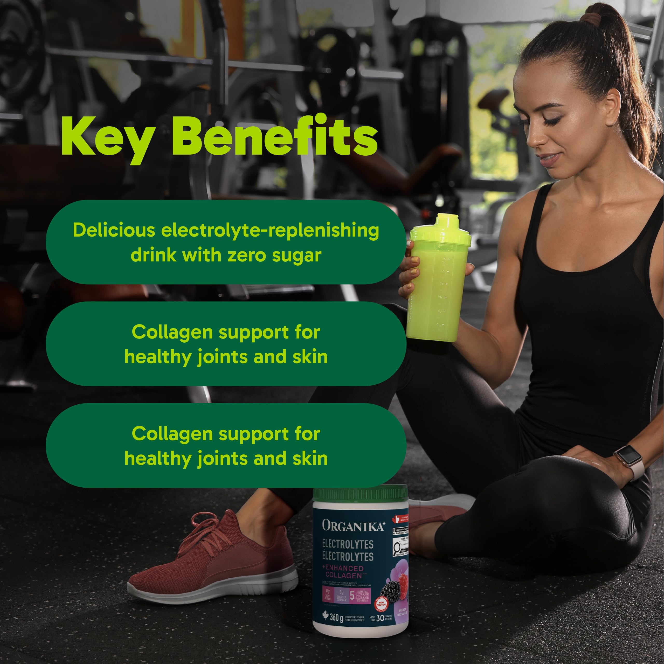 Organika Canadian-Made Electrolytes + Enhanced Collagen - Daily Hydration Powder with 5g of Collagen for Hair, Skin and Nails, 100% of Daily Vitamin C, Wildberry Flavour, 360 g, 30 Servings 🍁 All In One Marketplace Canada
