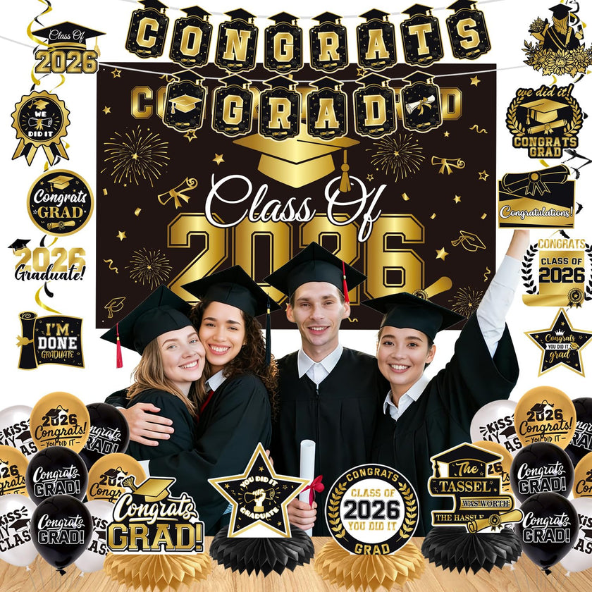 Graduation Decorations 2026 Black Gold 35PCS, Pre-Strung Congrats Grad Banner, Class of 2026 Backdrop, Balloons, Hanging Swirls, Graduation Party Decorations,PRE-ASSEMBLED 🍁 All In One Marketplace Canada